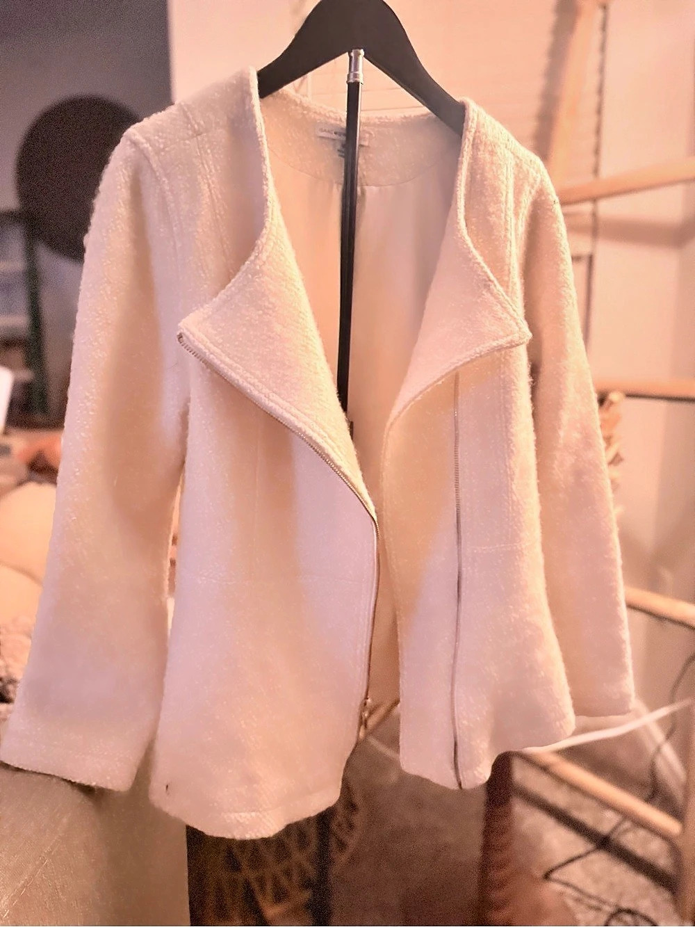 Isaac Mizrahi Live Ivory Boucle Wool Blend Moto Jacket M